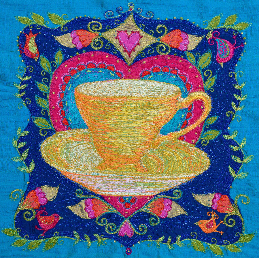 silk embroidery flowers art bird teacup original textiles saskia