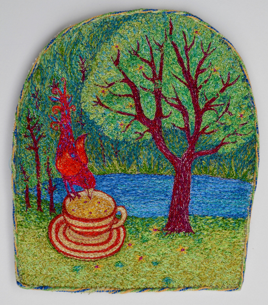 silk embroidery trees art bird teacup landscape forest original textiles saskia