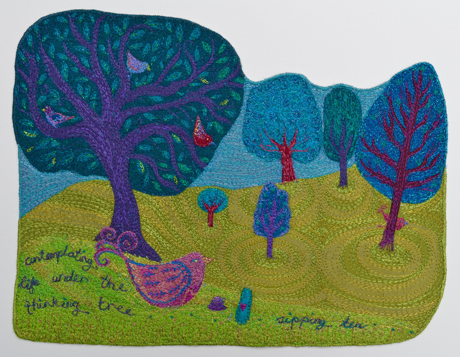 silk embroidery trees park art bird landscape original textiles saskia