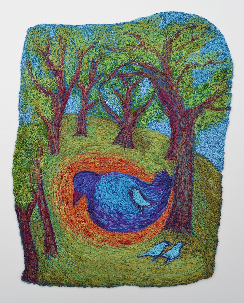silk embroidery trees art birds landscape forest original textiles saskia