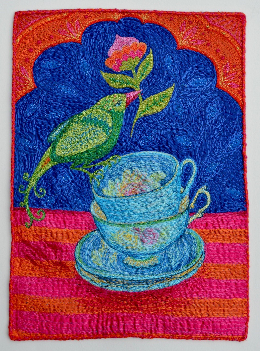 silk embroidery flowers art bird teacup original textiles saskia