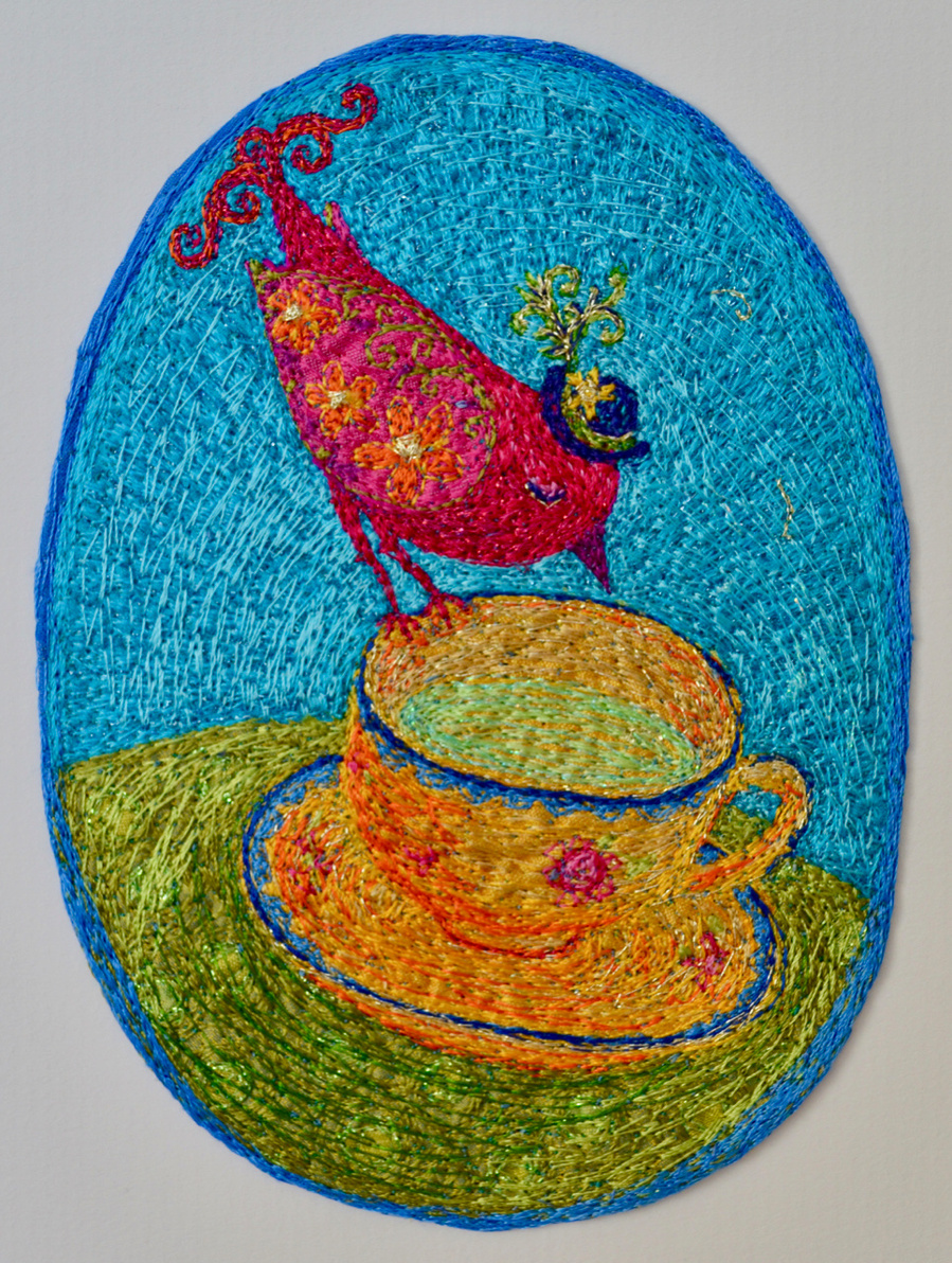silk embroidery flowers art bird teacup original textiles saskia