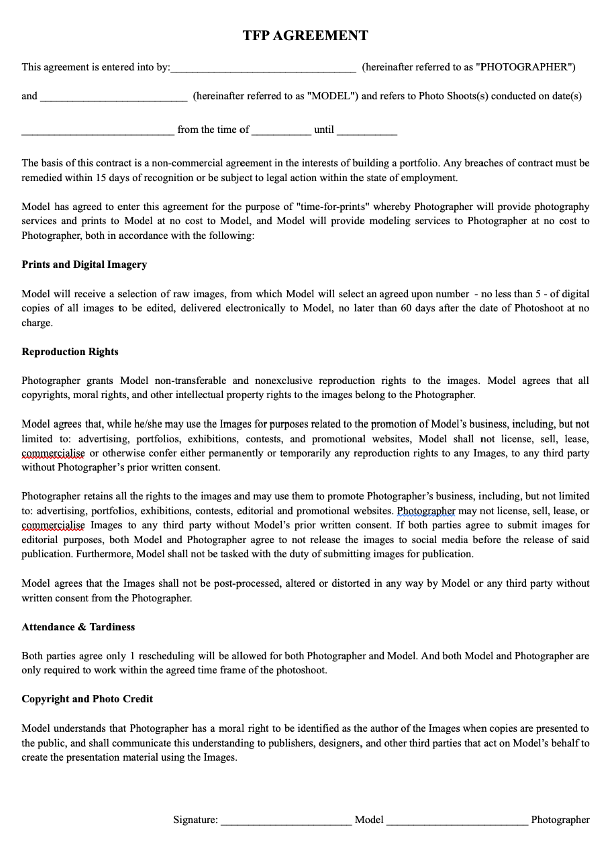 Free TFP (Trade for Print) Shoot Example Template for Freelance Models