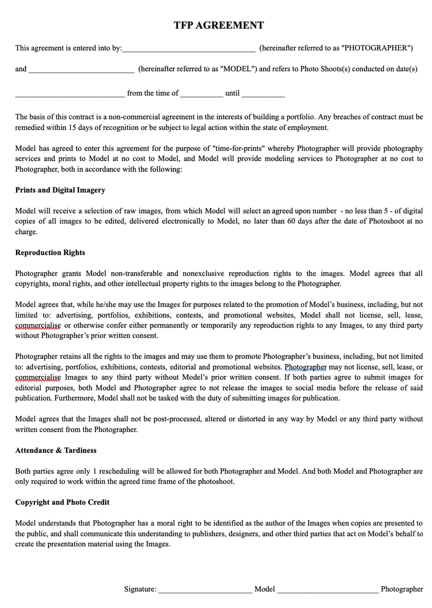 Free TFP (Trade for Print) Shoot Example Template for Freelance Models