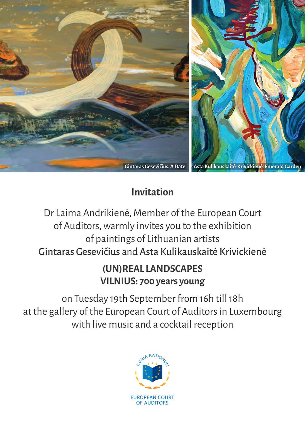 The painting exhibition of Lithuanian artists Asta Kulikauskaite Krivickiene and Gintaras Gesevicius in Court of Auditors in Luxembourg.