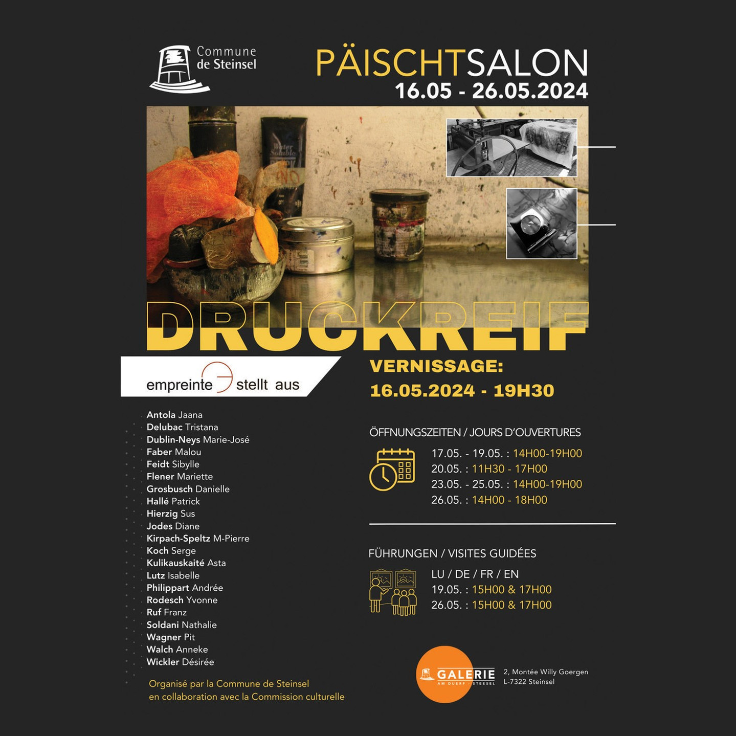 Poster of the exhibition "DRUCKREIF" in Gallery Am duerf. Printmaking expo in Steinsel, Luxembourg. Organized by Empreinte Atelier.