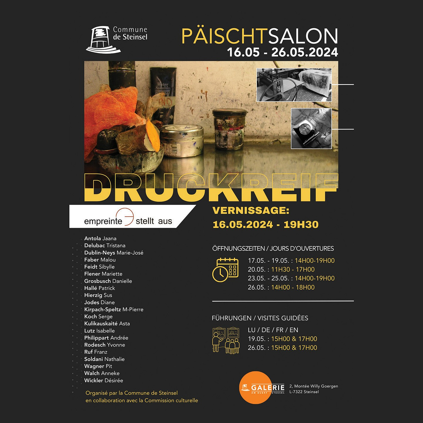 Poster of the exhibition "DRUCKREIF" in Gallery Am duerf. Printmaking expo in Steinsel, Luxembourg. Organized by Empreinte Atelier.