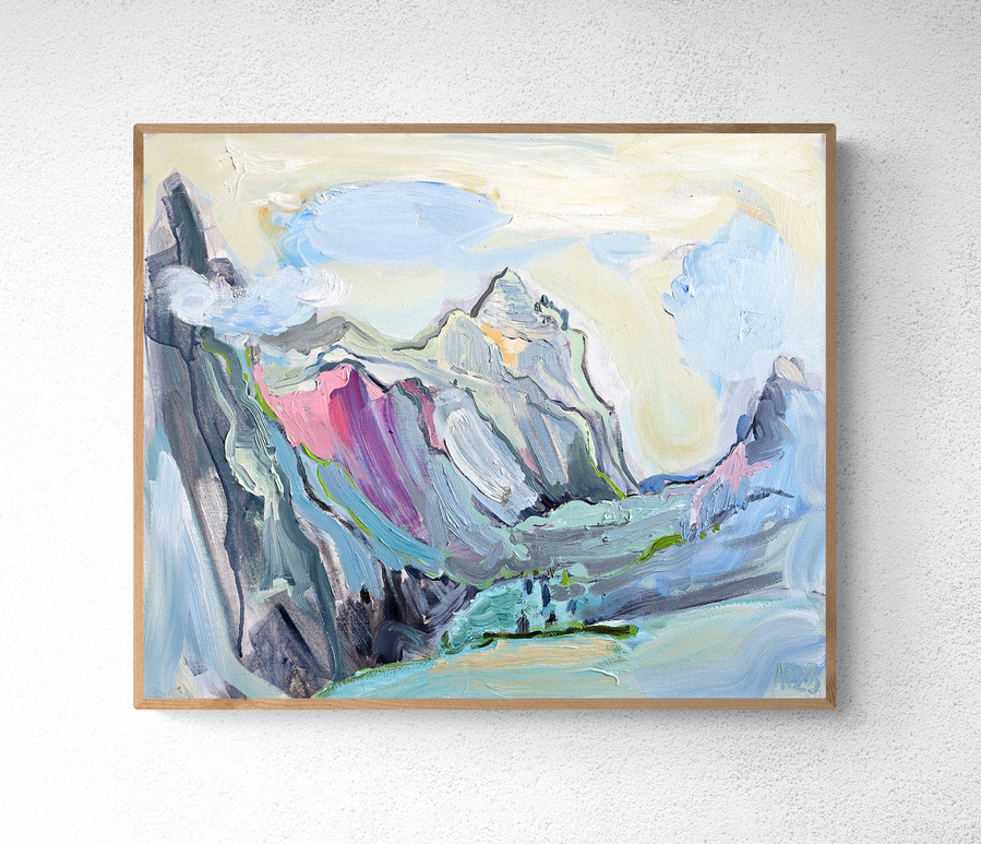 "Mountain is You" - A 2023 acrylic on canvas artwork by artist Asta Kulikauskaite Krivickiene. This medium-sized abstract painting (60 x 50 x 3.5 cm / 23.6 x 19.7 x 1.4 inches) is inspired by the Swiss mountains near Hasliberg and Meiringen. The piece is 