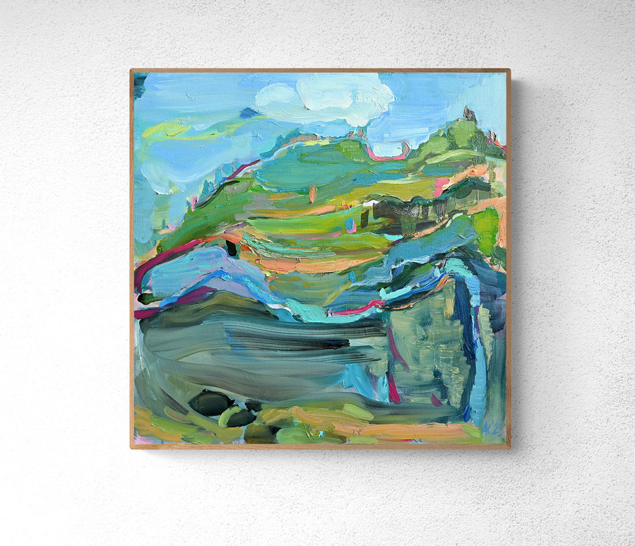 Green mountain painting on canvas, contemporary acrylic oil painting, affordable art, art gift, art collectors gift, art for sale