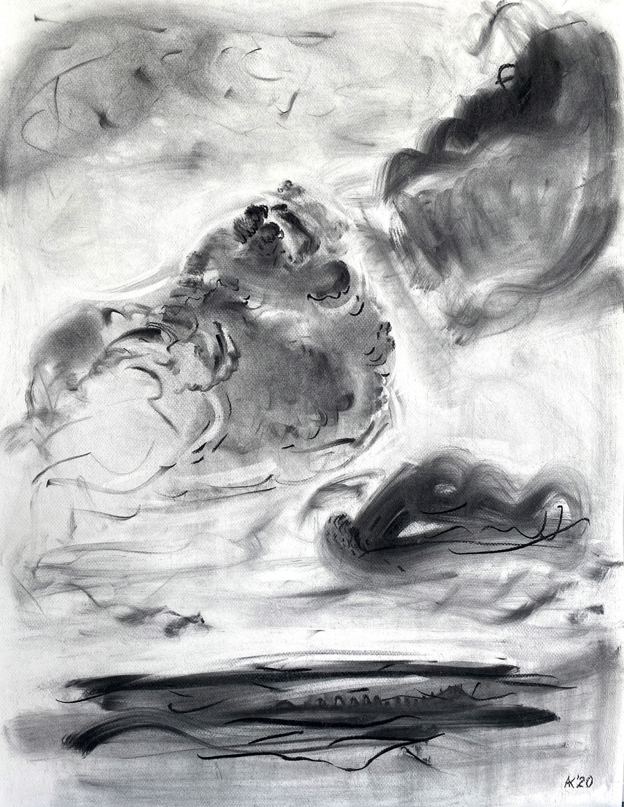 Abstract charcoal drawing titled 'Landscape' by artist Asta Kulikauskaite Krivickiene. Created in 2020, the piece measures 50x65 cm and features a vertical composition depicting a mountain view and clouds inspired by the nature of Spain's Canary Islands. 