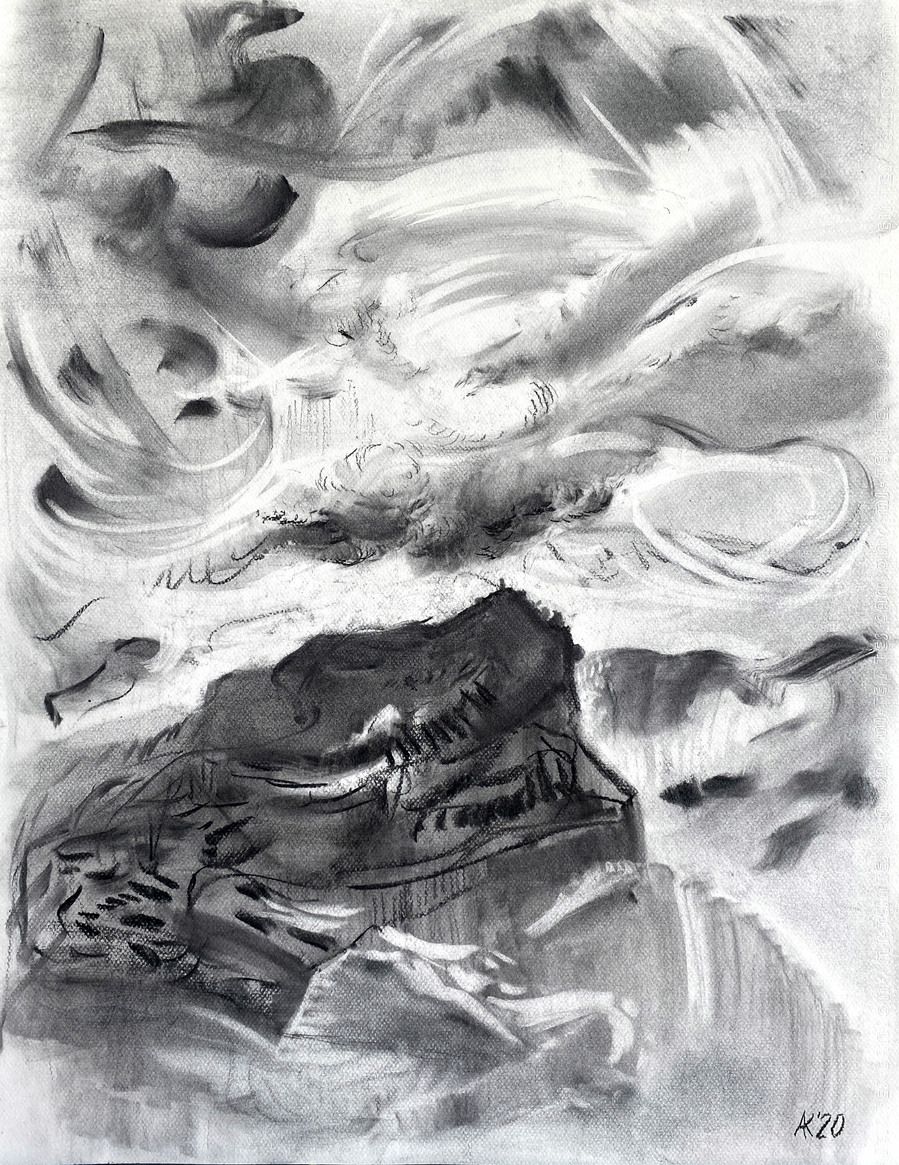 Abstract charcoal drawing titled 'Landscape' by artist Asta Kulikauskaite Krivickiene. Created in 2020, the artwork measures 50x65 cm and features a vertical orientation. The central composition captures a mountain view with clouds, inspired by the natura