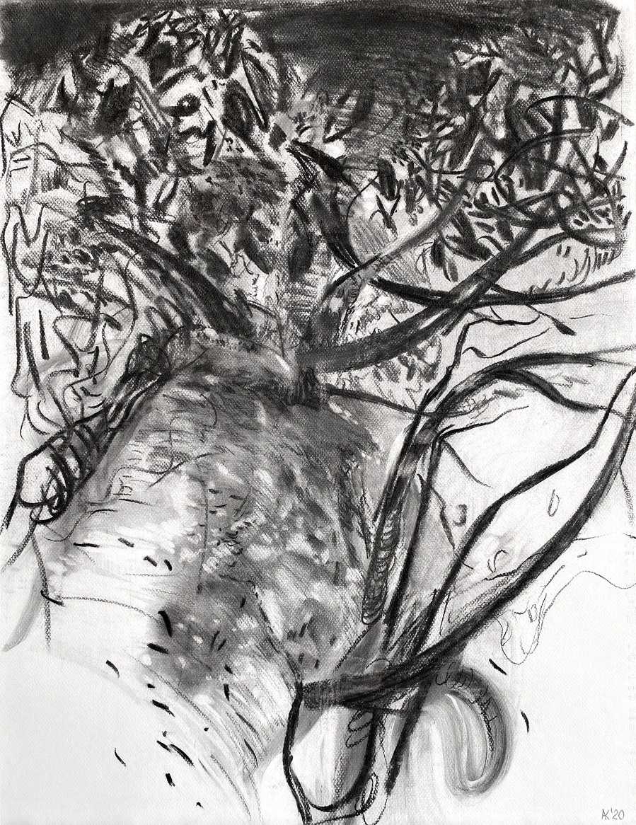 Abstract charcoal drawing titled 'Landscape' by artist Asta Kulikauskaite Krivickiene. Created in 2020, the piece measures 50x65 cm and features a vertical composition depicting a mountain view and clouds inspired by the nature of Spain's Canary Islands. 