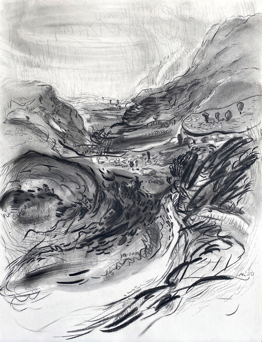 
'Abstract charcoal drawing titled 'Landscape', 2020, measures 50x65 cm. Vertical composition inspired by the scenic beauty of Spain's Canary Islands nature. Created with an expressive and contemporary style on paper.'