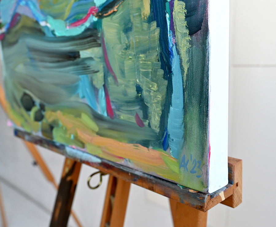 Green mountain painting on canvas, contemporary acrylic oil painting, affordable art, art gift, art collectors gift, art for sale