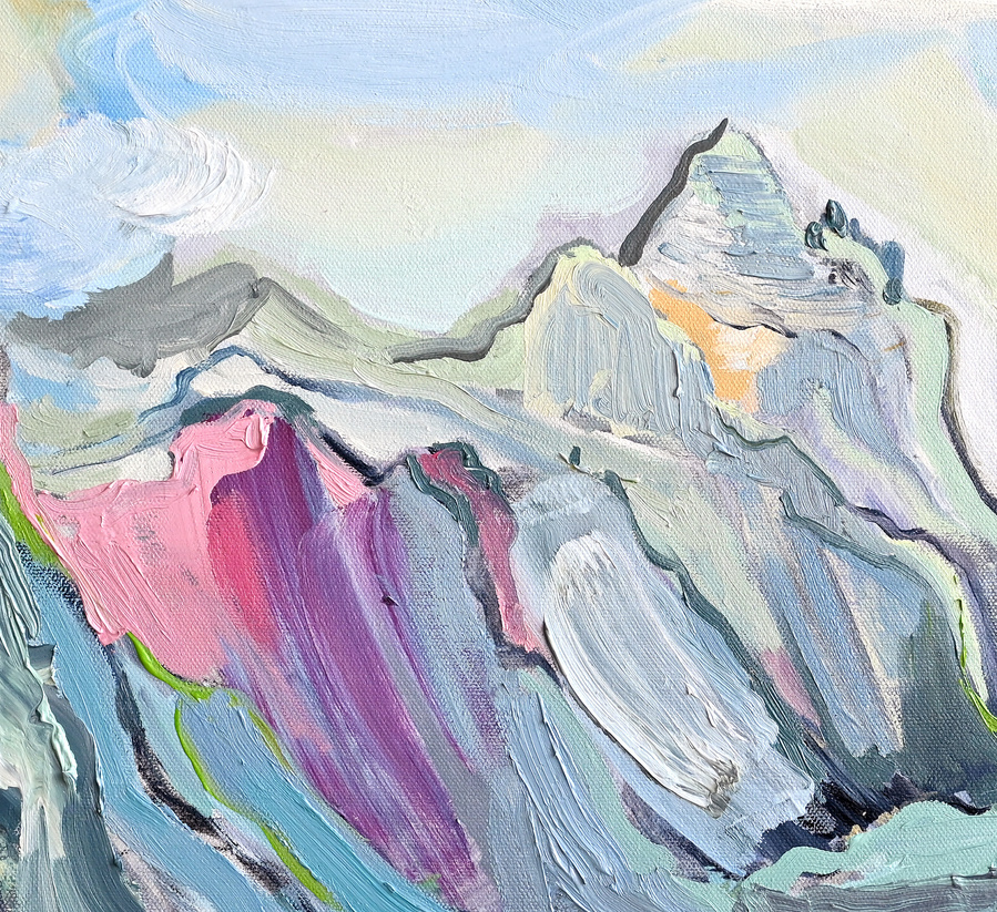 "Mountain is You" - A 2023 acrylic on canvas artwork by artist Asta Kulikauskaite Krivickiene. This medium-sized abstract painting (60 x 50 x 3.5 cm / 23.6 x 19.7 x 1.4 inches) is inspired by the Swiss mountains near Hasliberg and Meiringen. The piece is 