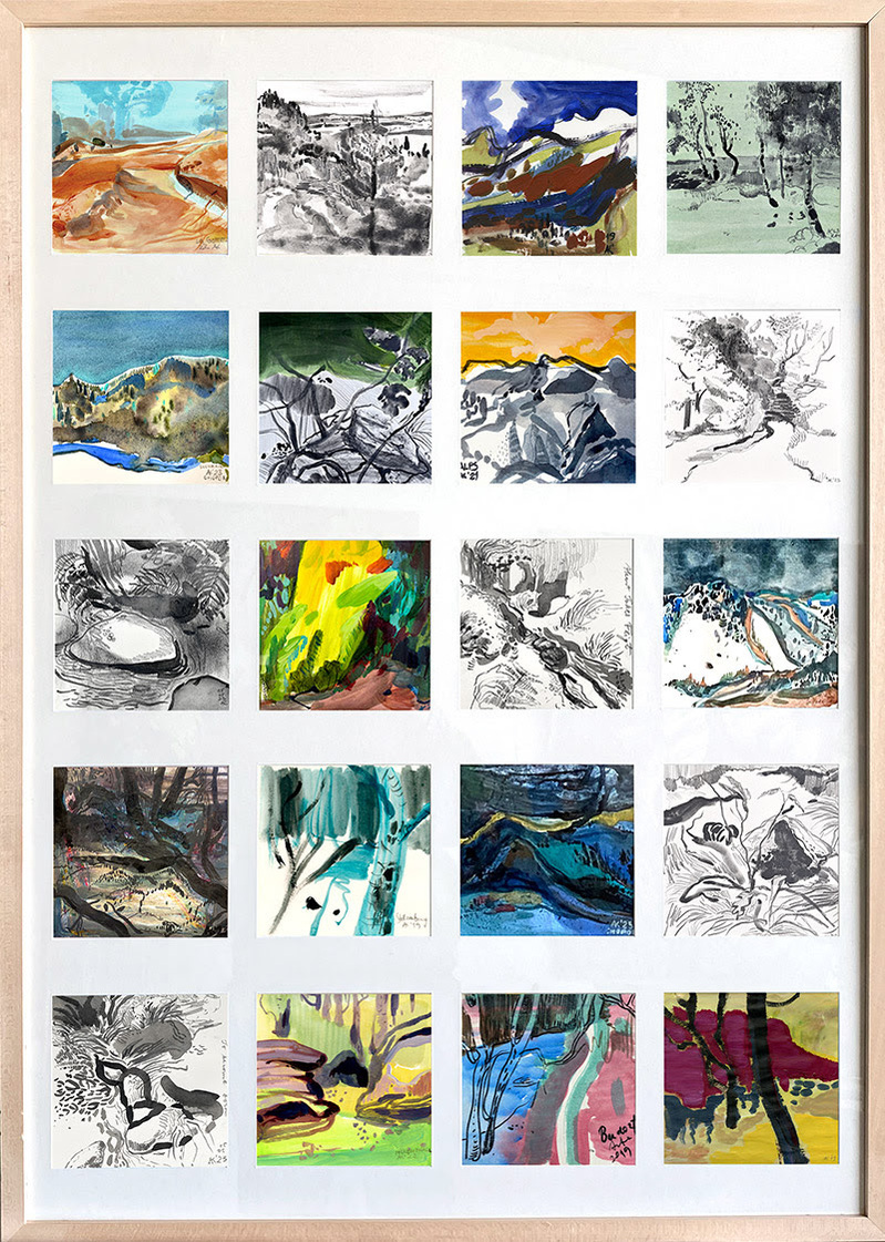 Artwork by Asta Kulikauskaite Krivickiene in the 12th Contemporary Art Biennial. Landscape Diary, 2023-2024, mixed media on paper, 90x120 cm