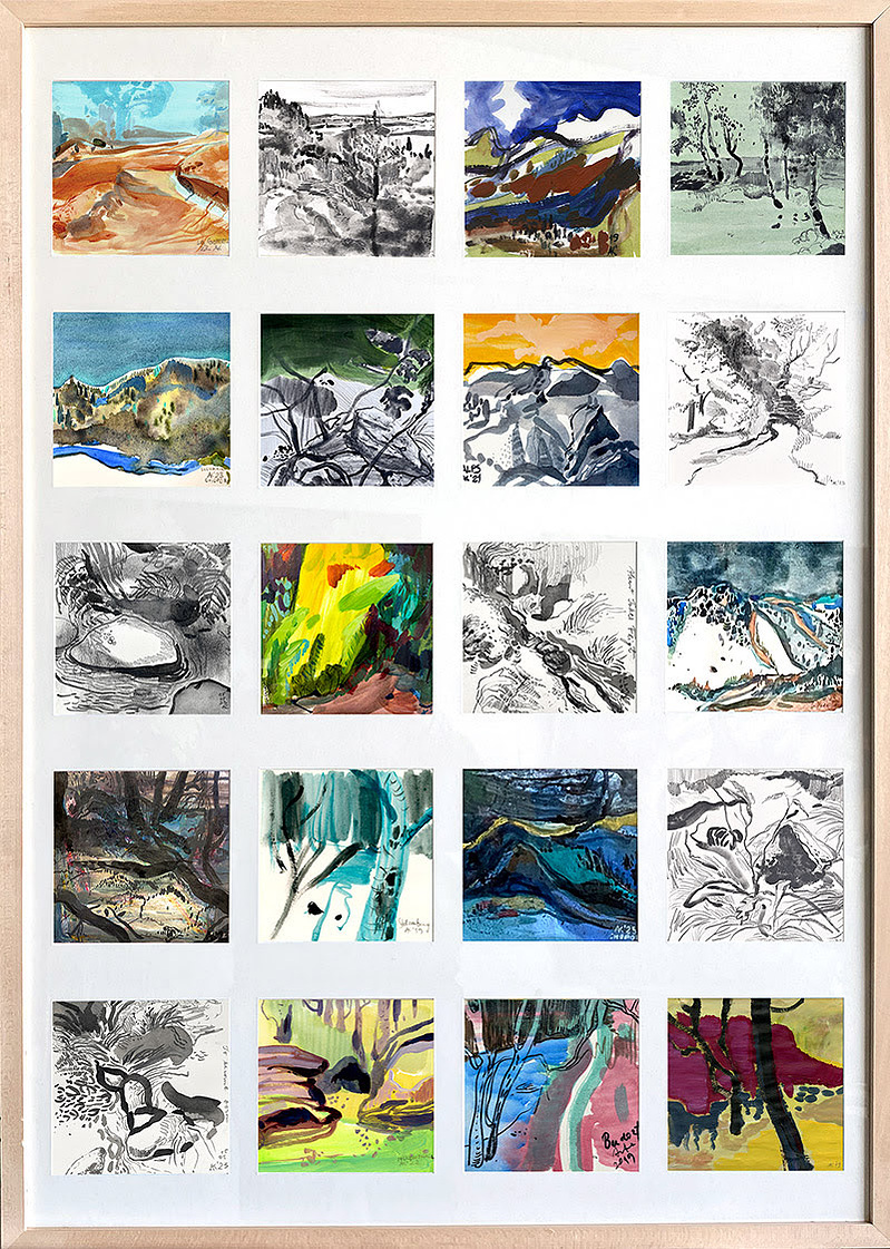 Artwork by Asta Kulikauskaite Krivickiene in the 12th Contemporary Art Biennial. Landscape Diary, 2023-2024, mixed media on paper, 90x120 cm
