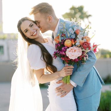 A beautiful couple on their wedding day outside of Mesa Arizona Temple
