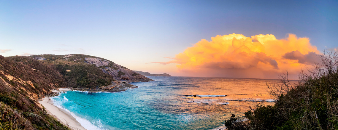 A panoramic image taken with an iPhone 11 Pro of a seaside sunset at Salmon Holes, Albany, Western Australia.