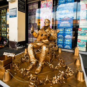 A  street performer covered in gold paint impersonating Elvis Presley in Fremantle, Western Australia.