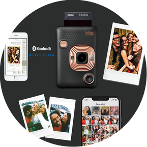 An image of a FujiFilm Instax printer connecting to an iPhone via Bluetooth and printing images from the camera roll.