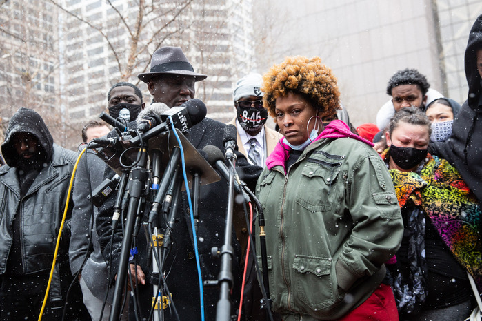 Daunte Wright's aunt Naisha Wright pauses while speaking about her nephew at a press conference in Minneapolis, Minn., on Tuesday, April 13, 2021.