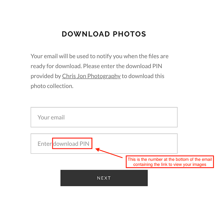 Pixieset will ask you for your email address and download PIN. 