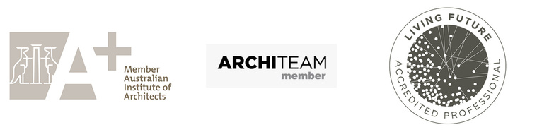 AIA logo, Architeam Logo, Living Futures Logo. All accreditations belonging to Paul Baker and Sarah Drofenik