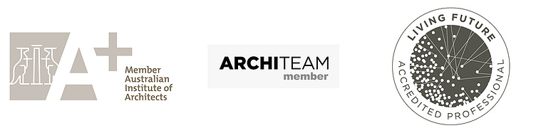 AIA logo, Architeam Logo, Living Futures Logo. All accreditations belonging to Paul Baker and Sarah Drofenik