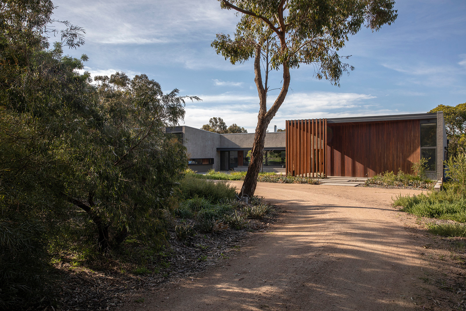 A view down the driveway to an architectural low energy home in Torquay