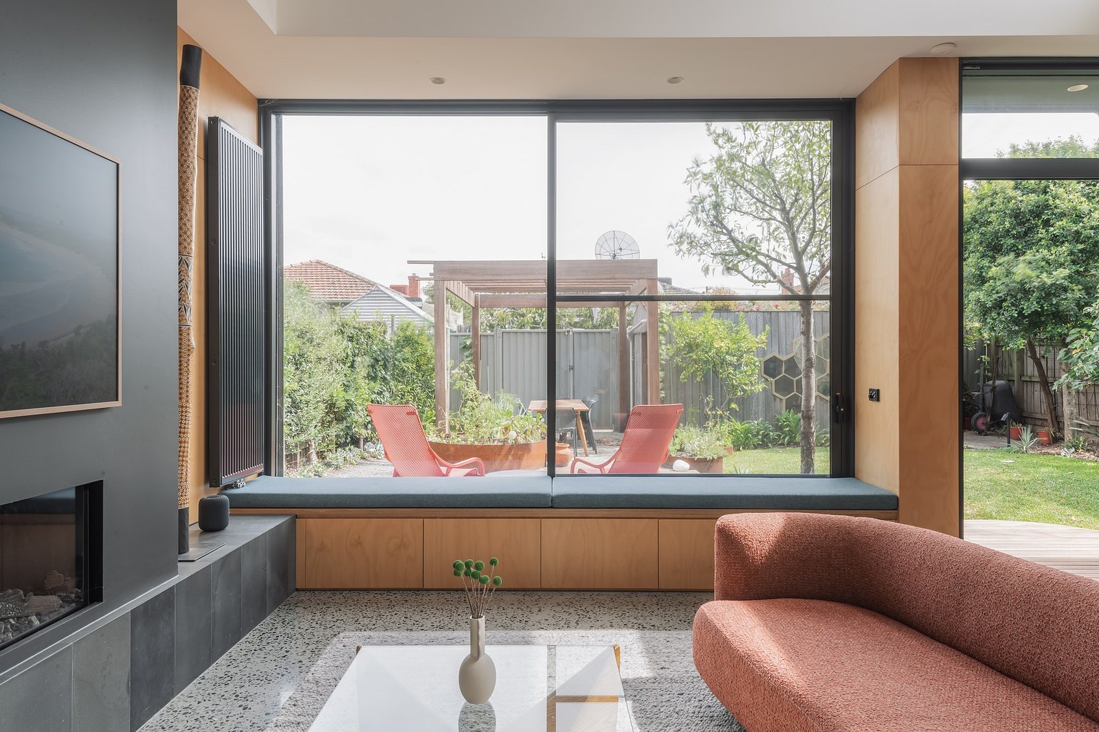 New ply lined window seat with view to garden beyond