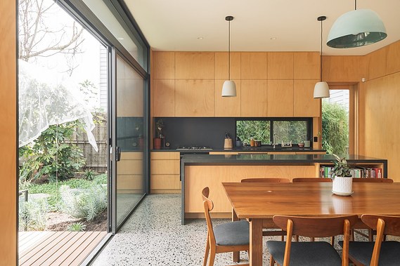 Sustainable house design Coburg. New kitchen dining living space opens out into backyard