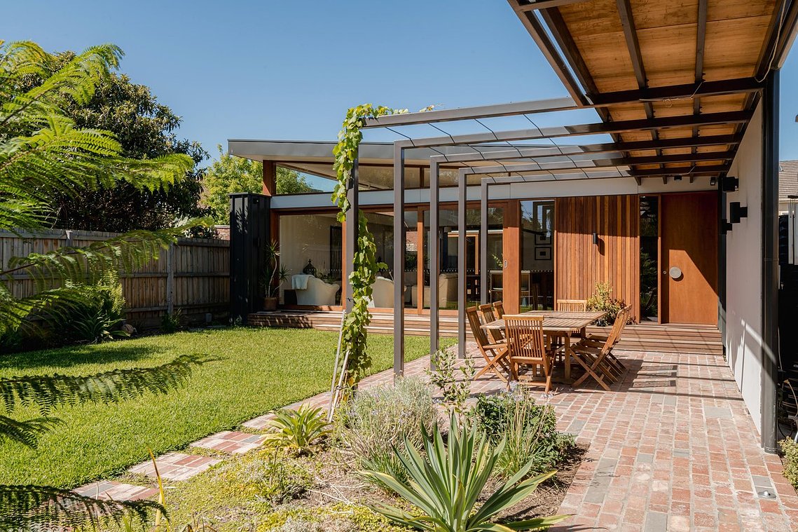 New low energy house in Brunswick. North facing glass opening out to beautiful garden. Example of sustainable living