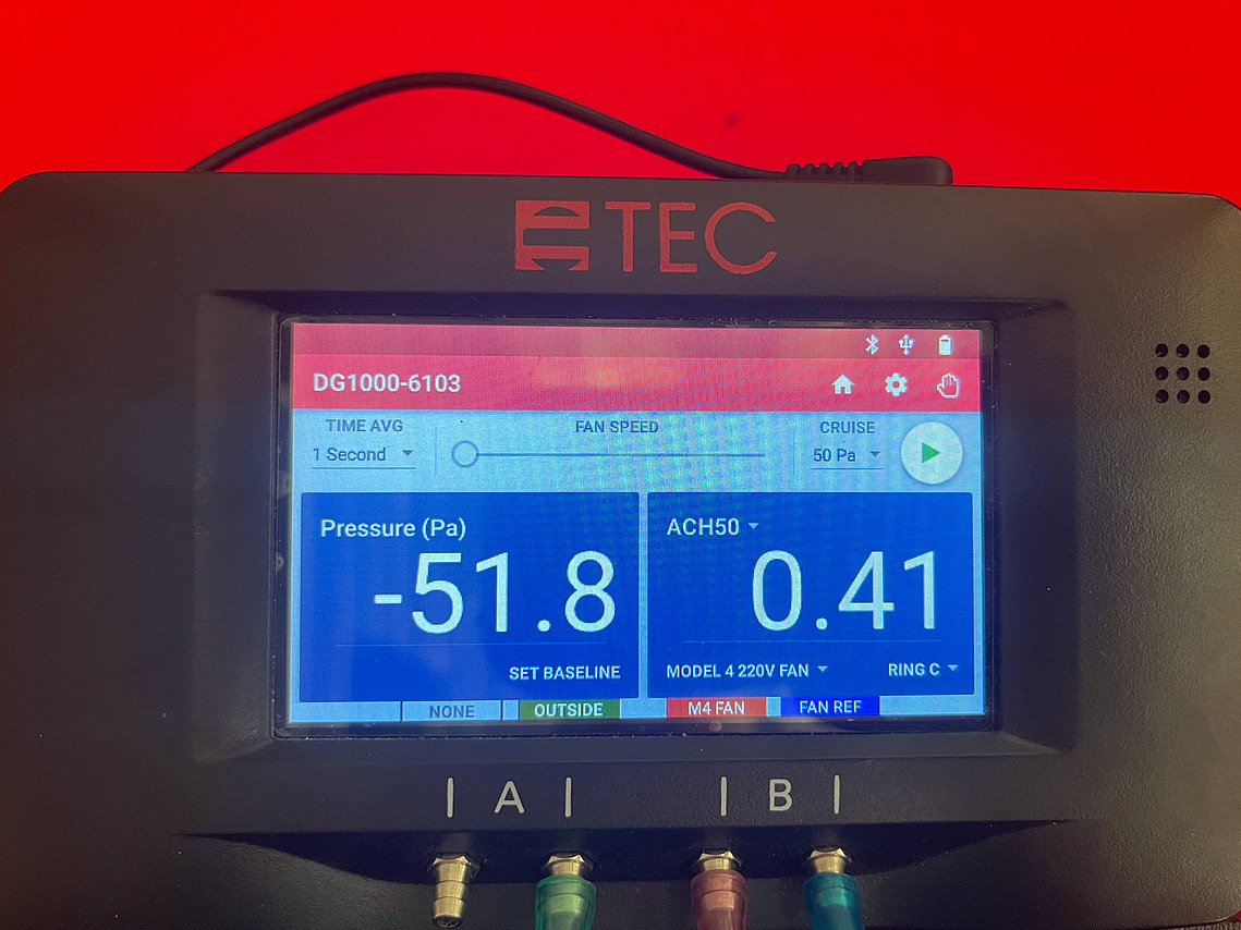 Air exchange outcome from a Passive House blower door test. Sustainable House Design Bellarine Peninsula.