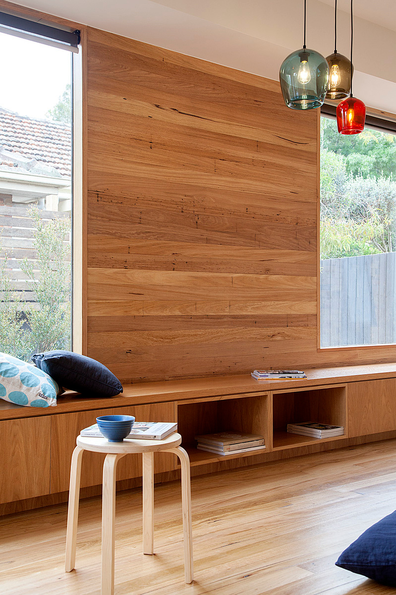 Recycled remilled messmate timber lining boards create a backdrop to the this timber window seat