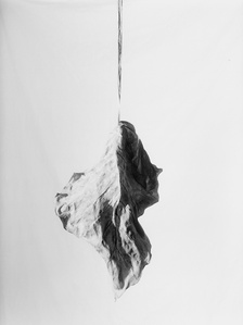 Solitude I - Last Look - Black and white medium format film photography - Dried monstera leaf hanging like a heavy pendulum
