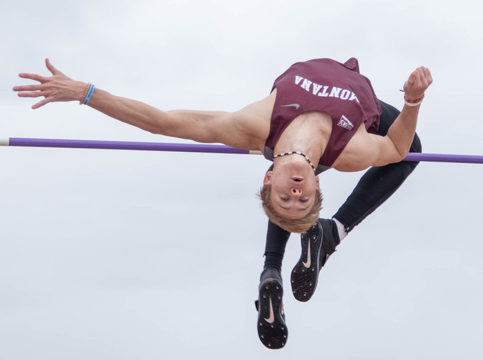 Freshman Patrick Kramer clears the crossbar set at 1.96 meters during the high jump event at the 2023 Griz-Cat Dual on April 1. Kramer took first place in the event, earning the University of Montana five points overall.