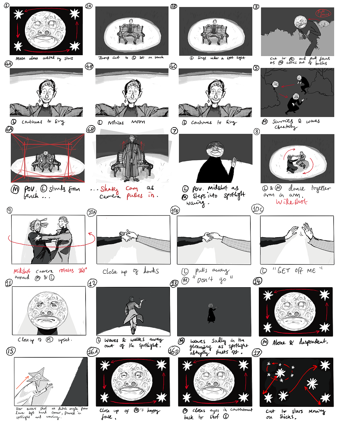 The storyboard I produced based on Lorcan’s. He wanted it to envoke “La Voyage Dans La Lune” (1902) so camera movement was limited and I expanded further on the spotlight and chiaroscuro in his original storyboards for emotive effect.