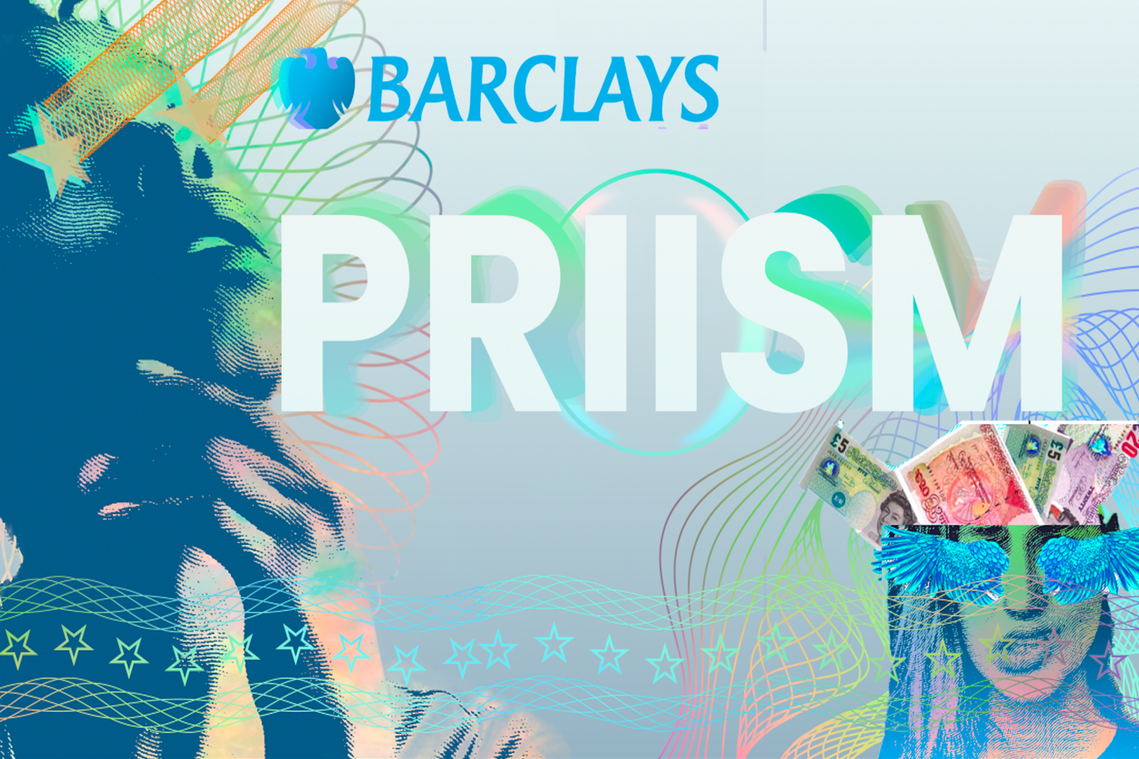 Two Holographic women surrounded by currency stare off into the distance  with the Barclay's and the PRIISM logo is in the center