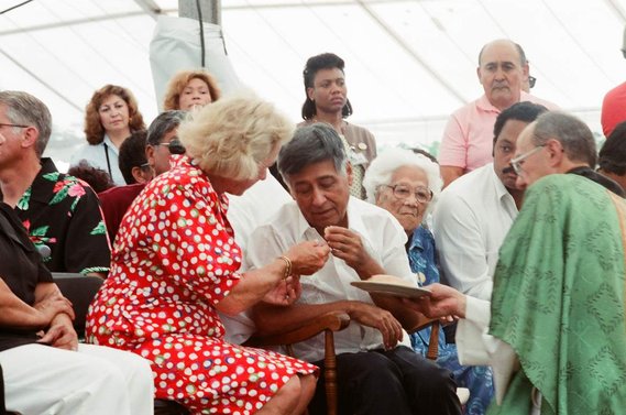 Cesar Chavez breaking his 1988 Fast for Life with Ethel Kennedy, Rev. Jesse Jackson and Cesar's mother look on. From the feature documentary biography Cesar's Last Fast. Still photo by Robin L. Becker
