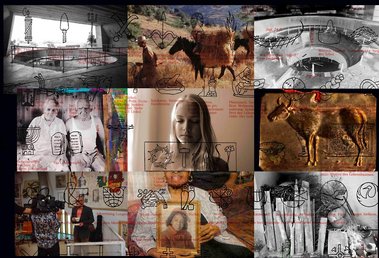 Symbols, archival digital print, My Greek village,  Lynistaina, George and Stavroula, the golden wheat harvest, Bella as the young Medea, war machine, bombing victim Denis McNair's mother in Birmingham, Dennis Hopper happy