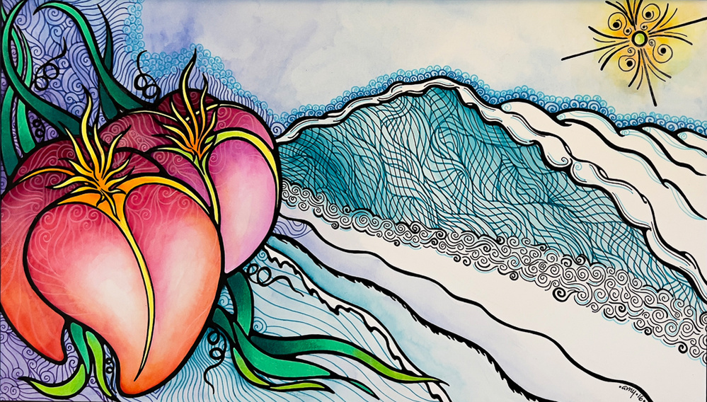 illustration, sun, wave, ocean life, flowers, seascape, whimsical, nature