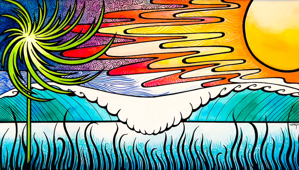 illustration, seascape, waves, trees, sun, night, whimsical, nature