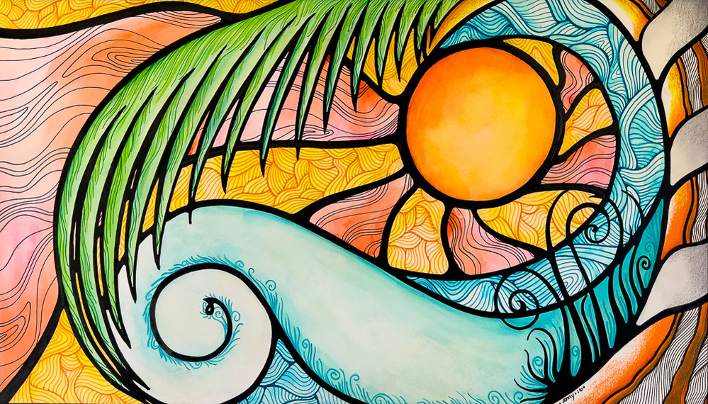 illustration, sun, wave, ocean life, seascape, whimsical, nature