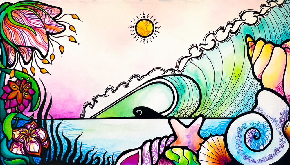 illustration, seascape, shells, waves, ocean, tropical, floral, whimsical, nature
