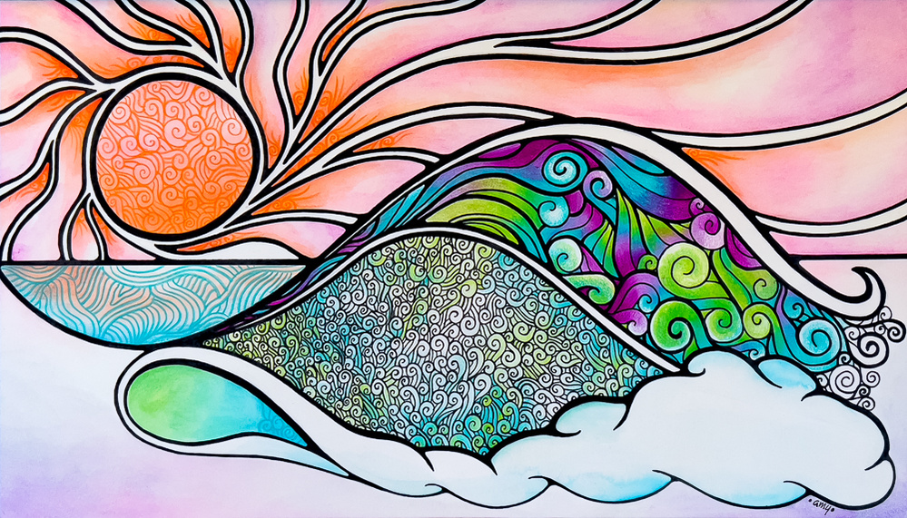 illustration, seascape, sun, waves, ocean, tropical, whimsical, nature