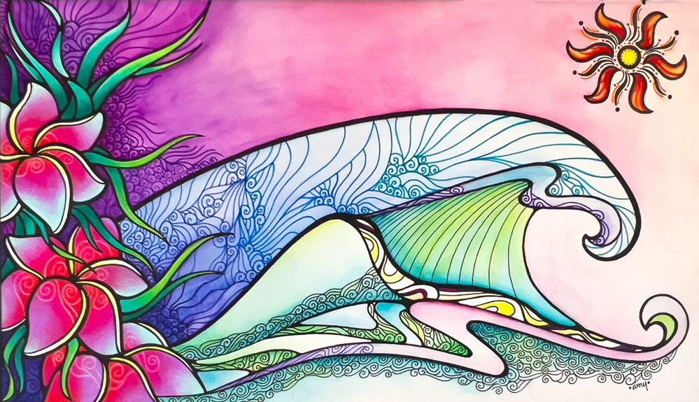 illustration, seascape, waves, floral, ocean, whimsical, nature