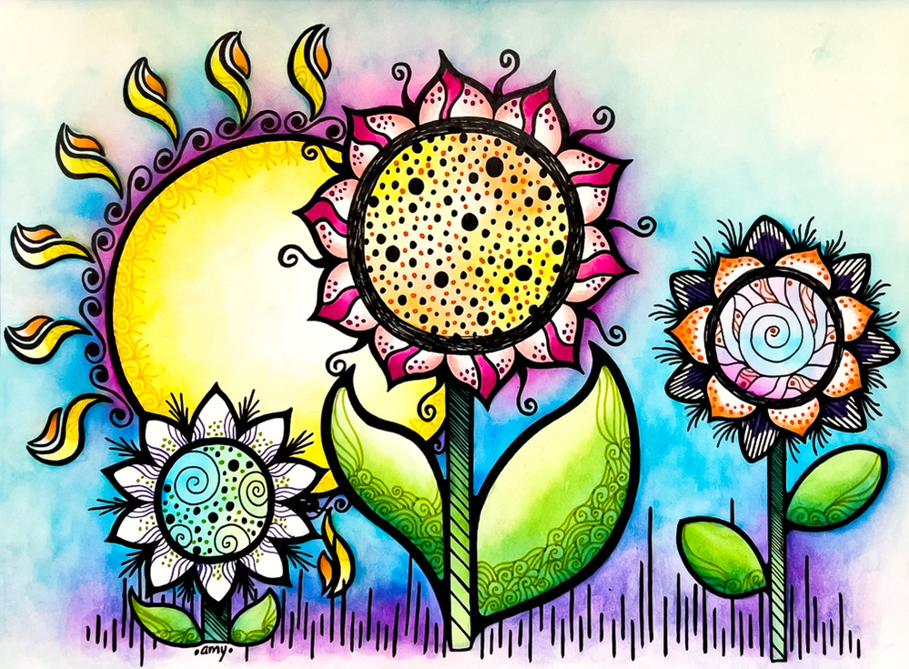 illustration, garden, floral, flowers, sunflowers, sun, whimsical, nature