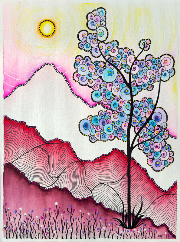 illustration, colorful, studio amy, design, nature, mountains, tree, sun, sky, landscape, whimsical