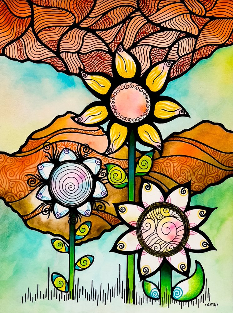 illustration, mountains, floral, landscape, whimsical, nature